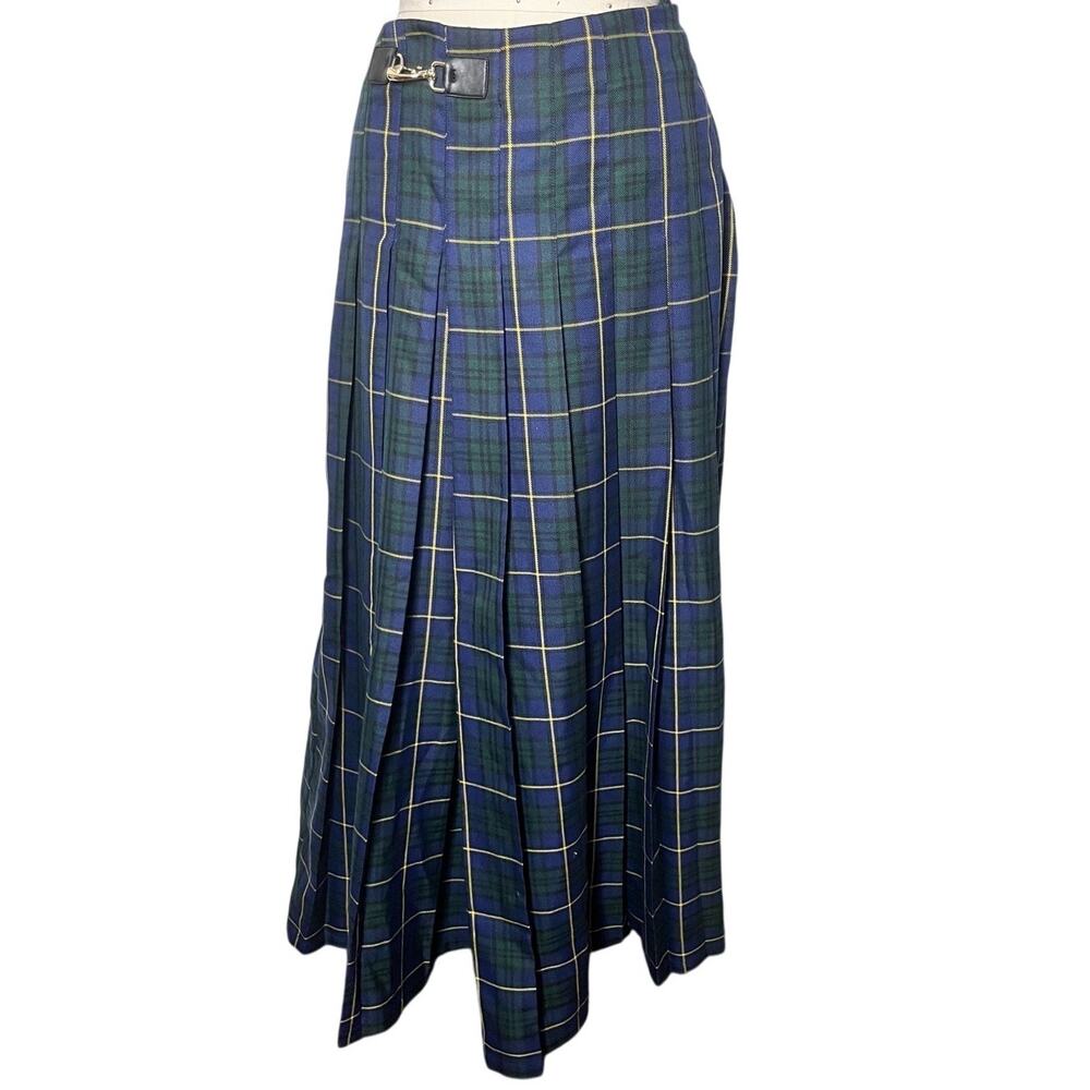 Commense Pleated Plaid Buckle Maxi Skirt Navy Blue Green Yellow Large